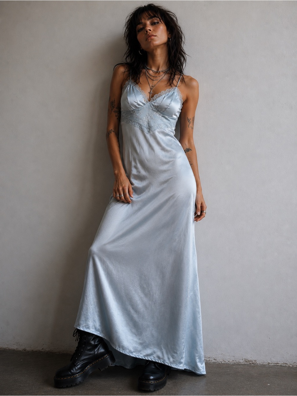 Saints + Secrets Satin Slip Maxi Dress in Pale Blue